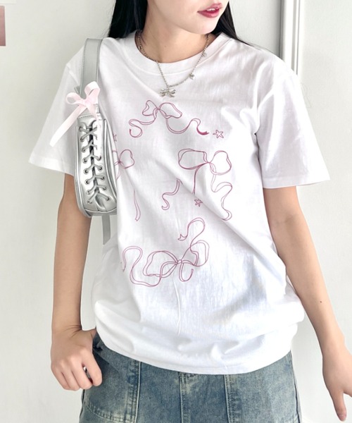 √nuage(ルートニュアージュ)の「トゥインクルリボンルーズTシャツ(Tシャツ/カットソー・レディース・グレー/ホワイト/ピンク・FREE)」の4枚目の写真