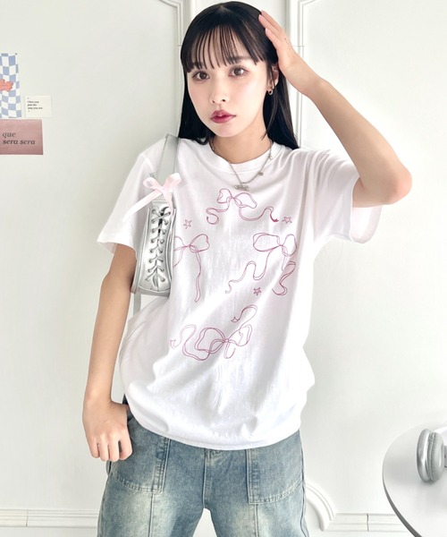 √nuage(ルートニュアージュ)の「トゥインクルリボンルーズTシャツ(Tシャツ/カットソー・レディース・グレー/ホワイト/ピンク・FREE)」の8枚目の写真