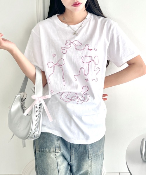 √nuage(ルートニュアージュ)の「トゥインクルリボンルーズTシャツ(Tシャツ/カットソー・レディース・グレー/ホワイト/ピンク・FREE)」の6枚目の写真