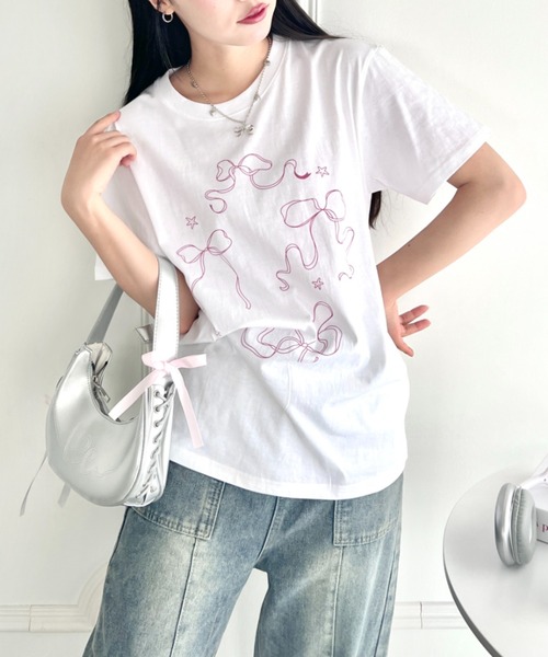 √nuage(ルートニュアージュ)の「トゥインクルリボンルーズTシャツ(Tシャツ/カットソー・レディース・グレー/ホワイト/ピンク・FREE)」の7枚目の写真
