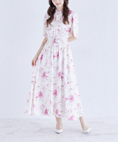 【セール】スリットスリーブ水彩ラインフラワープリントワンピース（ワンピース）｜tocco closet（トッコ クローゼット）