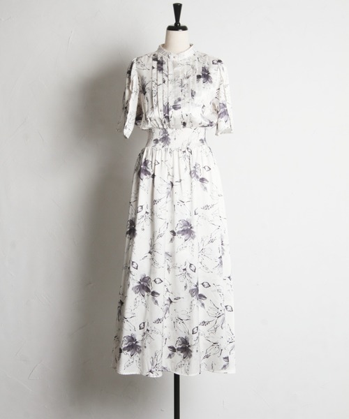 【セール】スリットスリーブ水彩ラインフラワープリントワンピース（ワンピース）｜tocco closet（トッコ クローゼット）