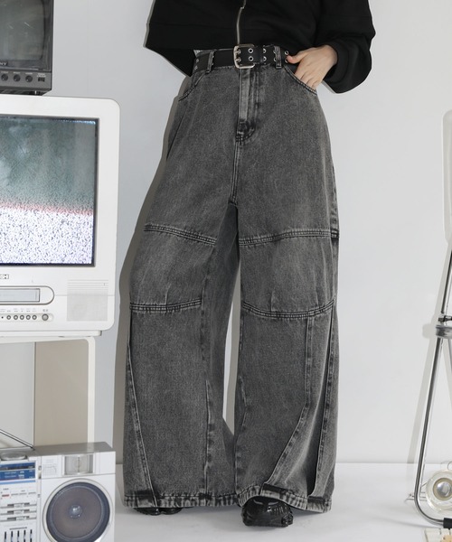 MSG(エムエスジー)の「【12oz】オーバーサイズバギーバルーンタック切替ワイドデニムパンツ ケミカル/ウォッシュ加工(デニムパンツ・メンズ・ブラック系/ブルー系/ブラック系2・L/M/S/XL)」の16枚目の写真