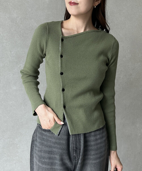 セール】アシメネックボタンリブニット（ニット/セーター）｜Thevon