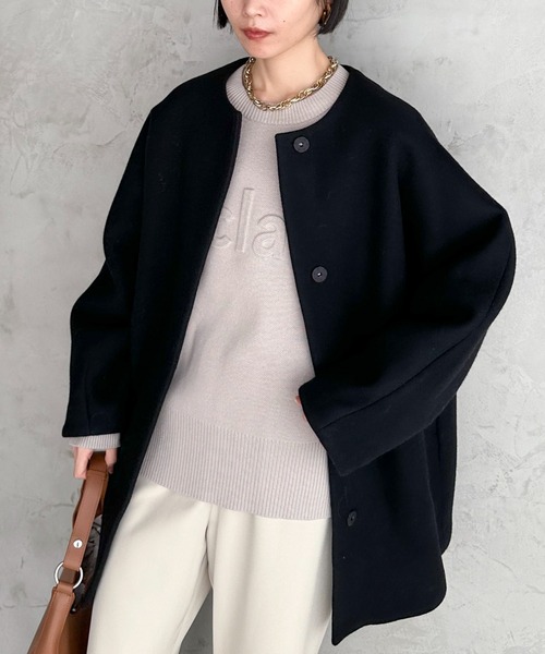 Doux archives(ドゥアルシーヴ)の「ノーカラーダブルメルトンミドルコート(ノーカラーコート・レディース・チャコールグレー/ブラック/ベージュ・38)」の1枚目の写真