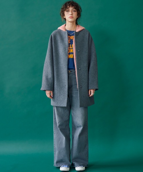 Doux archives(ドゥアルシーヴ)の「ノーカラーダブルメルトンミドルコート(ノーカラーコート・レディース・チャコールグレー/ブラック/ベージュ・38)」の6枚目の写真