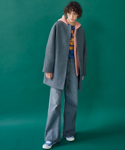 セール】ノーカラーダブルメルトンミドルコート（ノーカラーコート