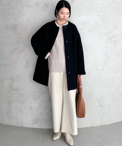 セール】ノーカラーダブルメルトンミドルコート（ノーカラーコート