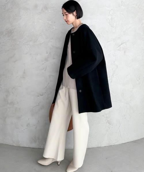セール】ノーカラーダブルメルトンミドルコート（ノーカラーコート