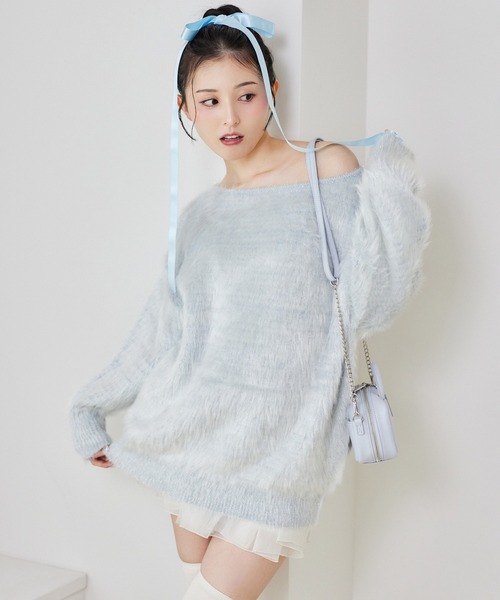 one after another NICE CLAUP（ワンアフターアナザーナイスクラップ）の「ラメシャギーニットチュニック（ニット/セーター・レディース・モカ/ピンク/チャコールグレー/サックスブルー/アイボリー・FREE）」の4枚目の写真
