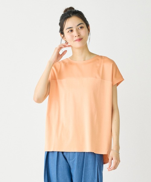 tシャツ サテン切り替えドルマンスリーブカットソー「スビン綿MIXフライス」 レディース サテン切り替えドルマンスリーブカットソー《スビン綿MIX