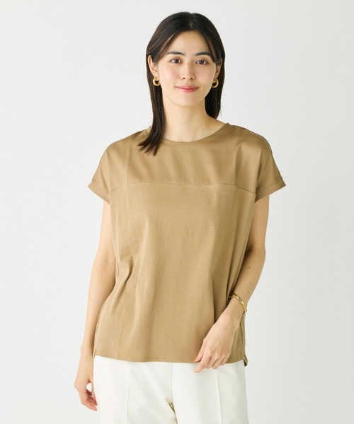 tシャツ サテン切り替えドルマンスリーブカットソー「スビン綿MIXフライス」 レディース サテン切り替えドルマンスリーブカットソー《スビン綿MIX