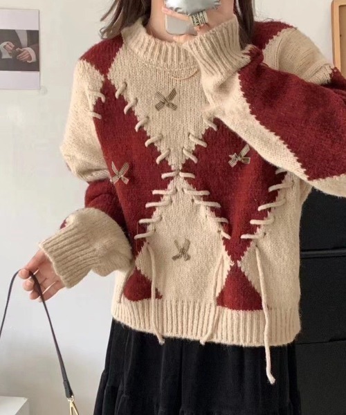 新品タグ付　セットアップ　アーガイル　セーター　スカート　ニット　ウール　ピンク 新品タグ付セットアップアーガイルセータースカートニットウール