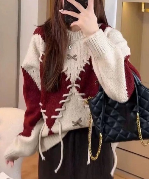 新品タグ付　セットアップ　アーガイル　セーター　スカート　ニット　ウール　ピンク 新品タグ付セットアップアーガイルセータースカートニットウール