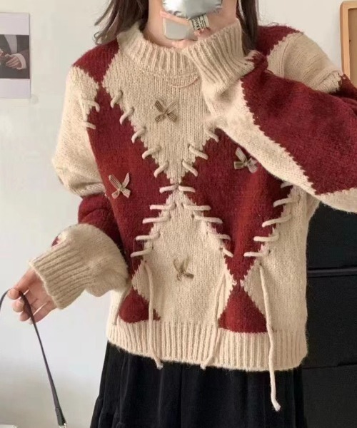 セール】アーガイル＆字レースアップヴィンテージニット（ニット