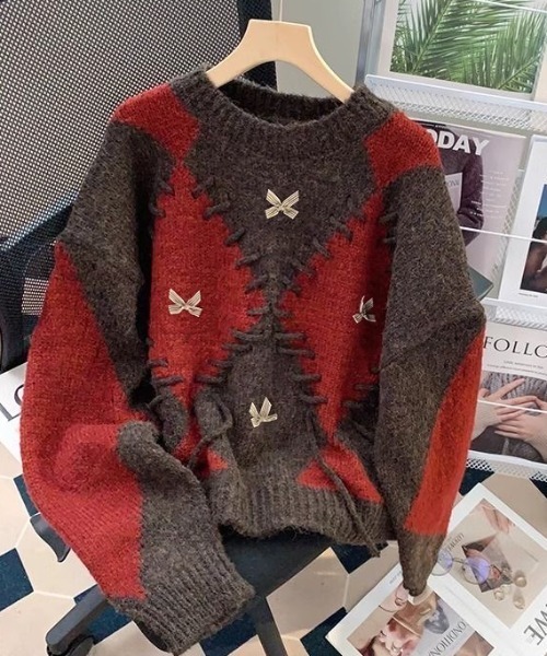 セール】アーガイル＆字レースアップヴィンテージニット（ニット