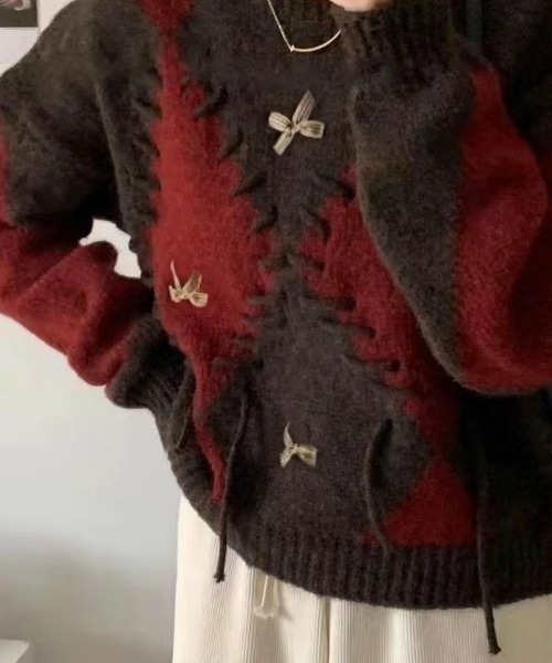 セール】アーガイル＆字レースアップヴィンテージニット（ニット