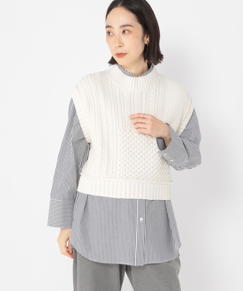 studio CLIP(スタディオクリップ)の「ドロストストライプシャツ(シャツ/ブラウス・レディース・ベージュ/ブラック・FREE)」の6枚目の写真