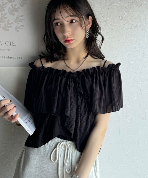 【一度着用美品】shellerシェリエ2wayオフショルフリルブラウスブラック 一度着用美品】shellerシェリエ2wayオフショルフリルブラウス
