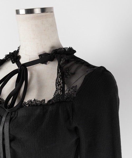 2color 】チョーカーネックリボンレーシーカットソートップス