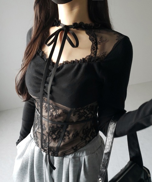 honeymew チョーカー付きダブルリボントップス 【完売品】 チョーカーネックリボンレーシーカットソートップス ／ choker