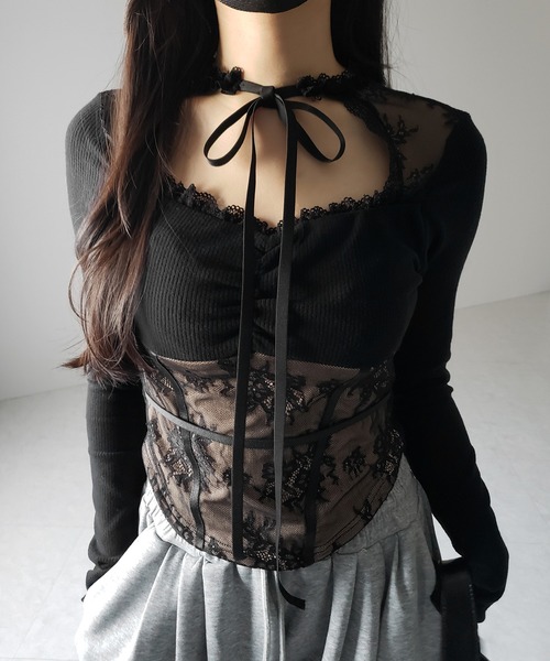2color 】チョーカーネックリボンレーシーカットソートップス