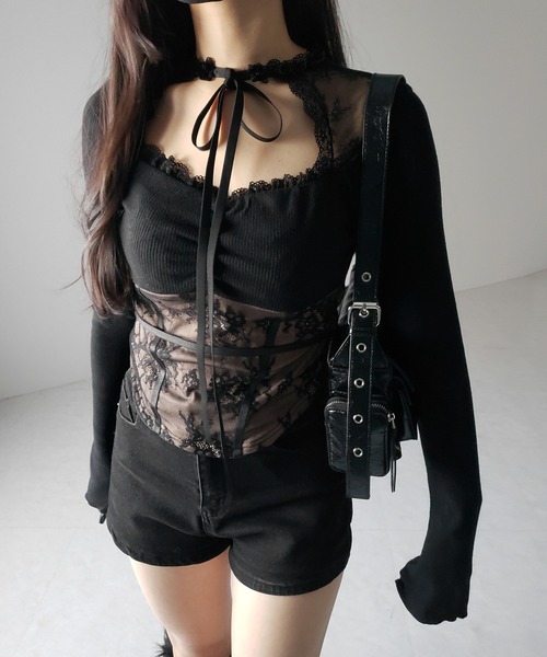 me+em select(ミームセレクト)の「【 2color 】チョーカーネックリボンレーシーカットソートップス / choker neck ribbon lacy cutsaw tops(その他トップス・レディース・ホワイト/ブラック・FREE)」の21枚目の写真