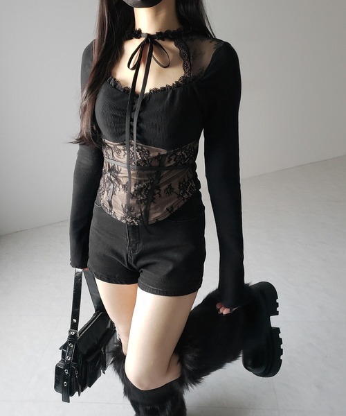 me+em select(ミームセレクト)の「【 2color 】チョーカーネックリボンレーシーカットソートップス / choker neck ribbon lacy cutsaw tops(その他トップス・レディース・ホワイト/ブラック・FREE)」の18枚目の写真