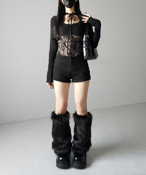 トップス me 2color 】チョーカーネックリボンレーシーカットソートップス