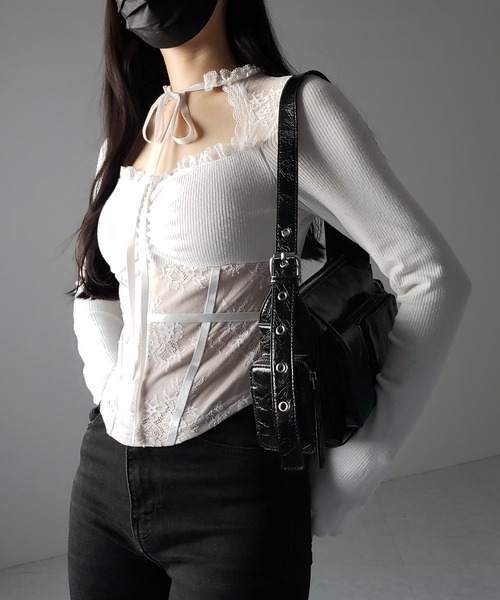 honeymew チョーカー付きダブルリボントップス 【完売品】 チョーカーネックリボンレーシーカットソートップス ／ choker