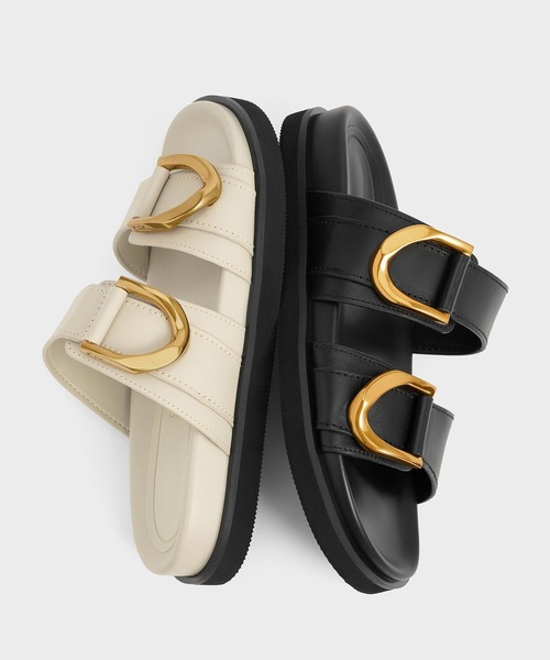 CHARLES & KEITH◆Gabine バックル レザー スライド◆送料込 Gabine ガビーヌ バックルレザースライド - ブラック | CHARLES