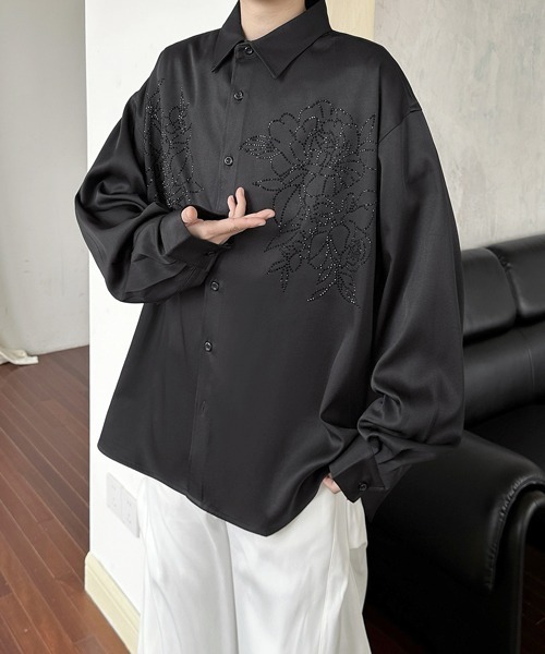 FVLMEN(フルメン)の「【FVLMEN】flower stone crazy big shirt/フラワー ストーン クレイジー ビッグ シャツ(シャツ/ブラウス・メンズ・ブラック/ホワイト×ブラック/ホワイト・FREE)」の3枚目の写真