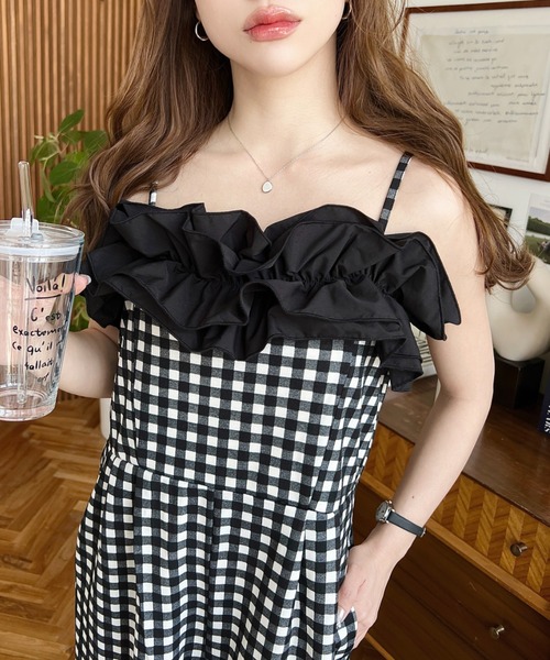 moment+（モーメントプラス）の「ギンガム＆ドットフリルオールインワン（つなぎ/オールインワン・レディース・ブラック/ブラック系その他・M）」の7枚目の写真