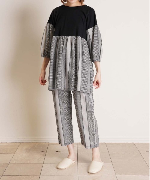 KID BLUE（キッドブルー）の「キッドブルー -ストライプギンガム -8分袖パジャマ -KNBK526 -kidblue（ルームウェア/パジャマ・レディース・ブラック/サックスブルー/ベージュ・M/L）」の5枚目の写真
