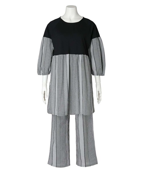 KID BLUE（キッドブルー）の「キッドブルー -ストライプギンガム -8分袖パジャマ -KNBK526 -kidblue（ルームウェア/パジャマ・レディース・ブラック/サックスブルー/ベージュ・M/L）」の7枚目の写真