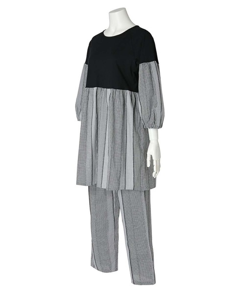 KID BLUE（キッドブルー）の「キッドブルー -ストライプギンガム -8分袖パジャマ -KNBK526 -kidblue（ルームウェア/パジャマ・レディース・ブラック/サックスブルー/ベージュ・M/L）」の8枚目の写真