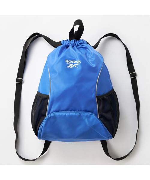 Reebok（リーボック）の「Reebok リーボック ナップザック 2WAY ロゴ入り 両サイド メッシュポケット付き  巾着バッグ（バックパック/リュック・キッズ・ブルー/ブラック・FREE）」の2枚目の写真