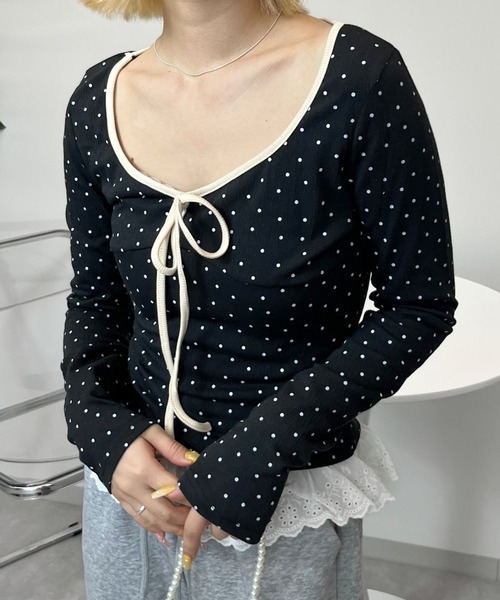 sevens(セブンズ)の「【sevens】CS フロントリボン配色ドットカットソー(Tシャツ/カットソー・レディース・ブラック/ホワイト・FREE)」の4枚目の写真