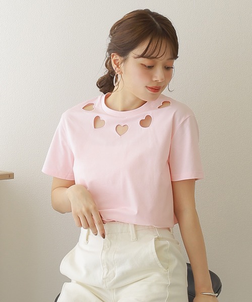 LAULEN（ローレン）の「heart open cut tee /ハート オープンカット 半袖 Tシャツ（Tシャツ/カットソー・レディース・ホワイト/ピンク・FREE）」の3枚目の写真
