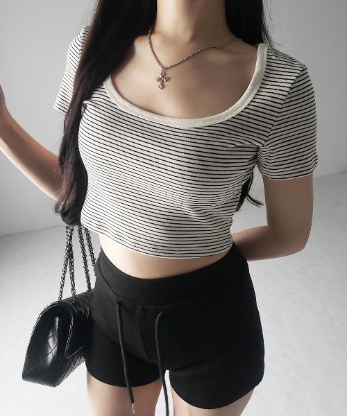 me+em select(ミームセレクト)の「※※【 2color 】ピンボーダースクエアネックショートTシャツ / pin border square neck short T-shirt(Tシャツ/カットソー・レディース・ブラック/ホワイト・FREE)」の1枚目の写真