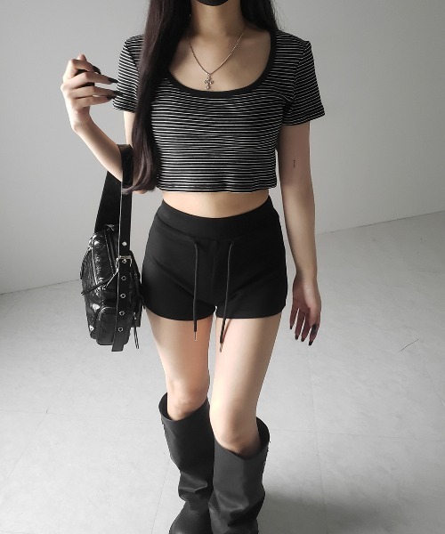 me+em select(ミームセレクト)の「※※【 2color 】ピンボーダースクエアネックショートTシャツ / pin border square neck short T-shirt(Tシャツ/カットソー・レディース・ブラック/ホワイト・FREE)」の10枚目の写真