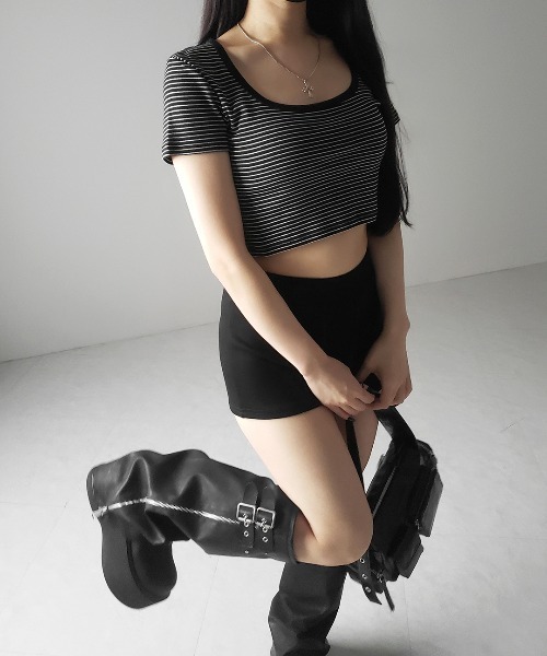 me+em select(ミームセレクト)の「※※【 2color 】ピンボーダースクエアネックショートTシャツ / pin border square neck short T-shirt(Tシャツ/カットソー・レディース・ブラック/ホワイト・FREE)」の11枚目の写真