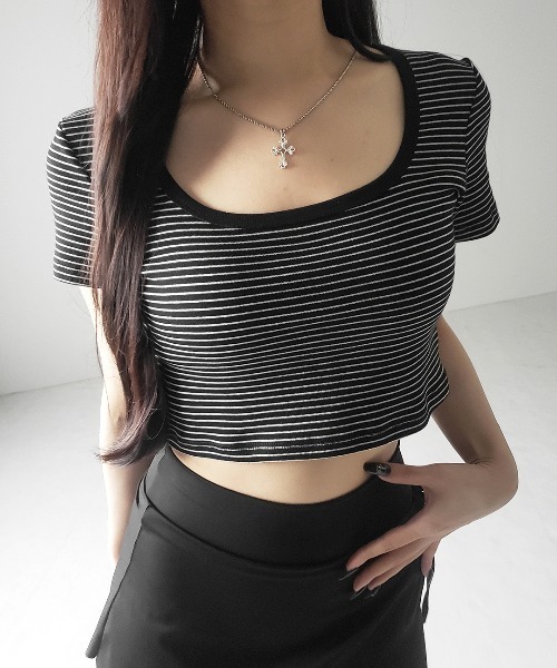 me+em select(ミームセレクト)の「※※【 2color 】ピンボーダースクエアネックショートTシャツ / pin border square neck short T-shirt(Tシャツ/カットソー・レディース・ブラック/ホワイト・FREE)」の13枚目の写真