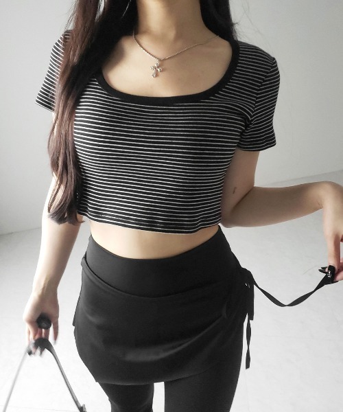 me+em select(ミームセレクト)の「※※【 2color 】ピンボーダースクエアネックショートTシャツ / pin border square neck short T-shirt(Tシャツ/カットソー・レディース・ブラック/ホワイト・FREE)」の18枚目の写真