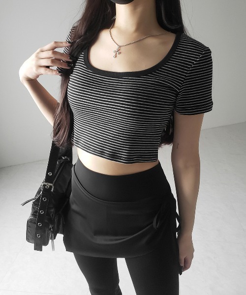 me+em select(ミームセレクト)の「※※【 2color 】ピンボーダースクエアネックショートTシャツ / pin border square neck short T-shirt(Tシャツ/カットソー・レディース・ブラック/ホワイト・FREE)」の14枚目の写真