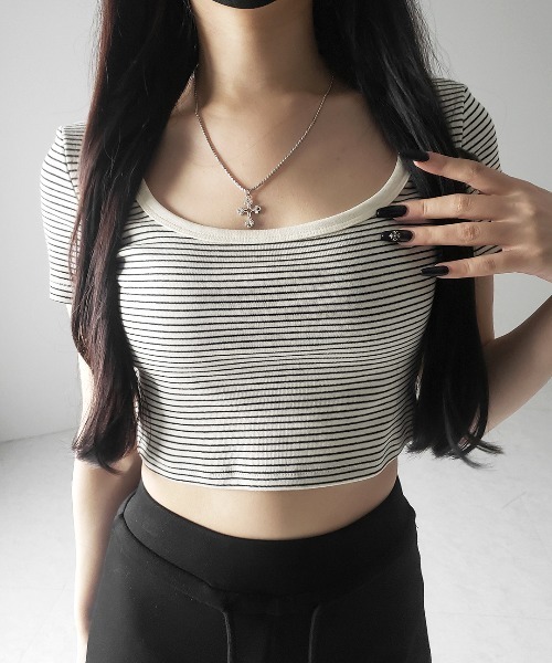 me+em select(ミームセレクト)の「※※【 2color 】ピンボーダースクエアネックショートTシャツ / pin border square neck short T-shirt(Tシャツ/カットソー・レディース・ブラック/ホワイト・FREE)」の21枚目の写真