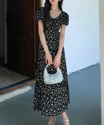 花柄 Vネック パフスリーブ ロング ワンピース