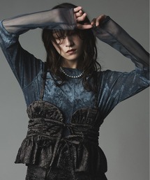 スリーブ 切り替え メッシュ ベロア トップス / Mesh Sleeve Sheer Velour Top