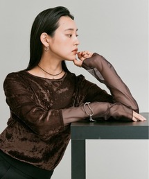 W:Huku | スリーブ 切り替え メッシュ ベロア トップス / Mesh Sleeve Sheer Velour Top(Tシャツ/カットソー)