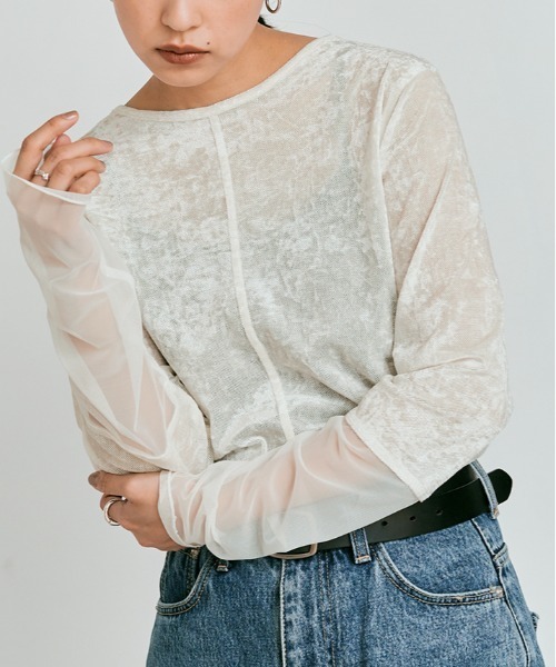W:Huku（フーク）の「スリーブ 切り替え メッシュ ベロア トップス / Mesh Sleeve Sheer Velour Top（Tシャツ/カットソー・レディース・ブラック/ブルー系/ブラウン/オフホワイト・FREE）」の2枚目の写真